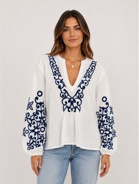 LASCANA Linen Cotton Embroidered Boho Tunic Blouse White Blue Size 10